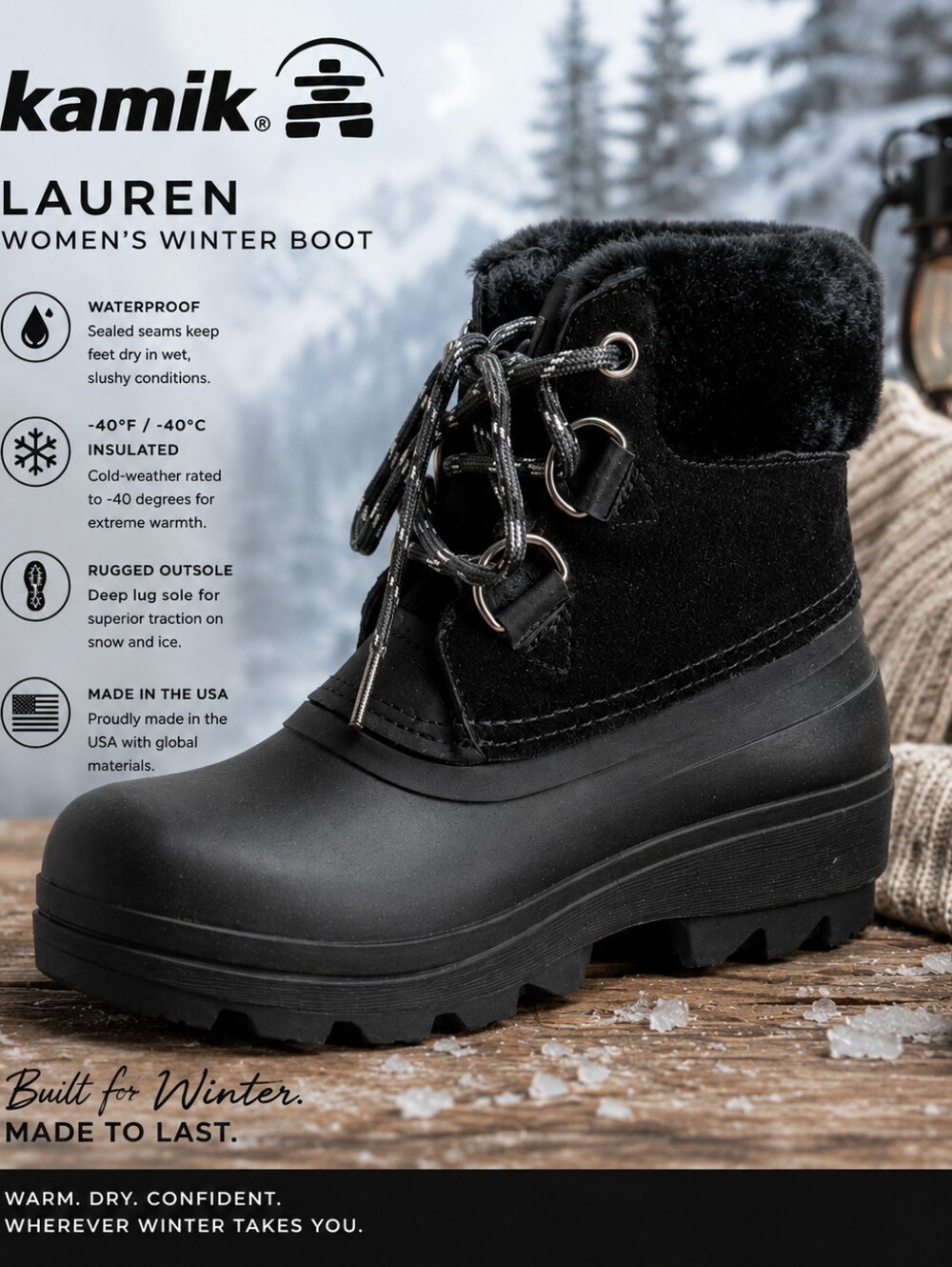 Kamik Lauren Women's Black Winter Boot-Size 8- NEW